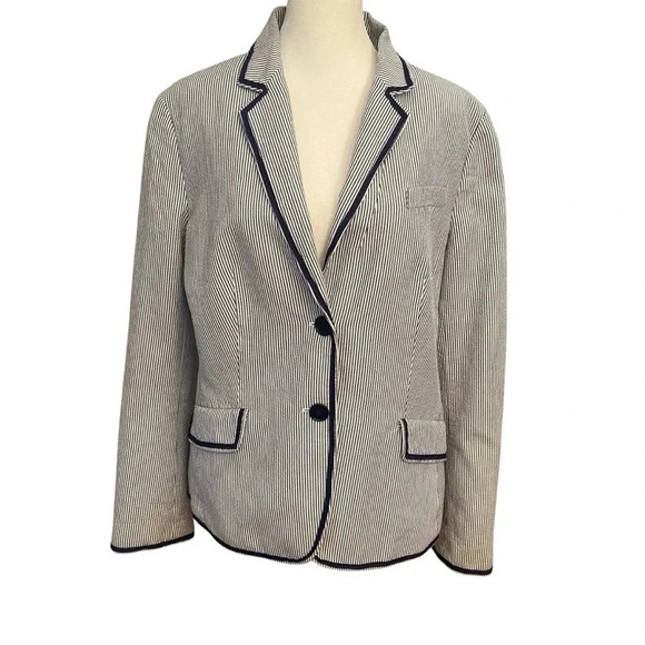 Talbots Seersucker White And Navy Blazer Size 12 Classic Career Interview Preppy - Picture 4 of 12